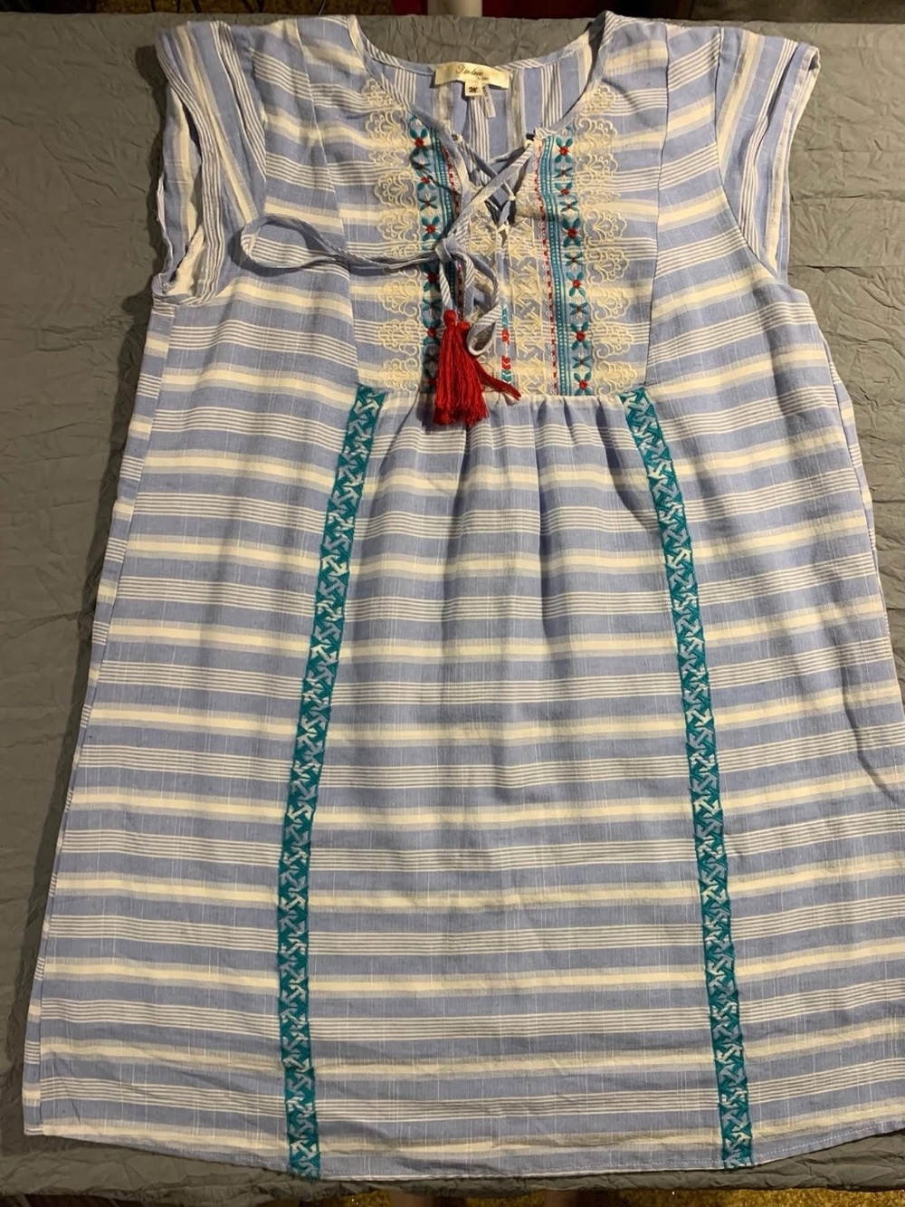 Andree by Unit Blue Striped Lace Boho Mini Dress Womens M Embroidered Cap Sleeve